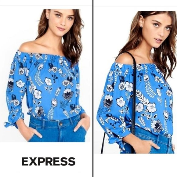 Express Tops - Express Blue White Top W Tie Sleeves